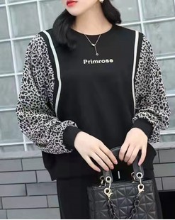 豹紋袖拼接純棉時尚衛衣(韓國女裝) - 8095A - 限時勁減7折